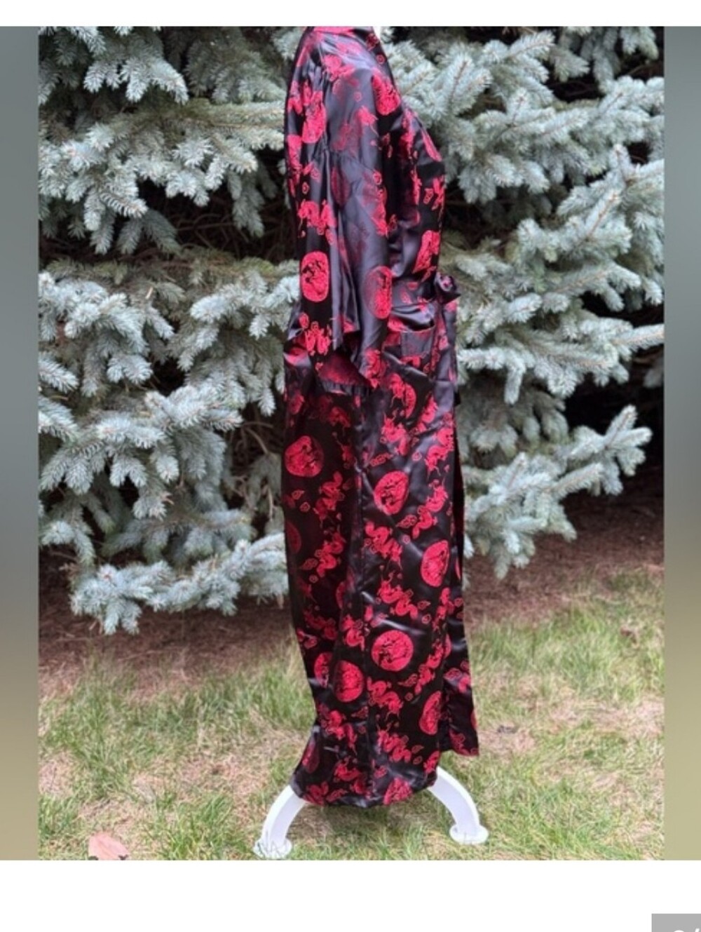 Black Satin Long Robe with Red Floral Medallion Oriental Print